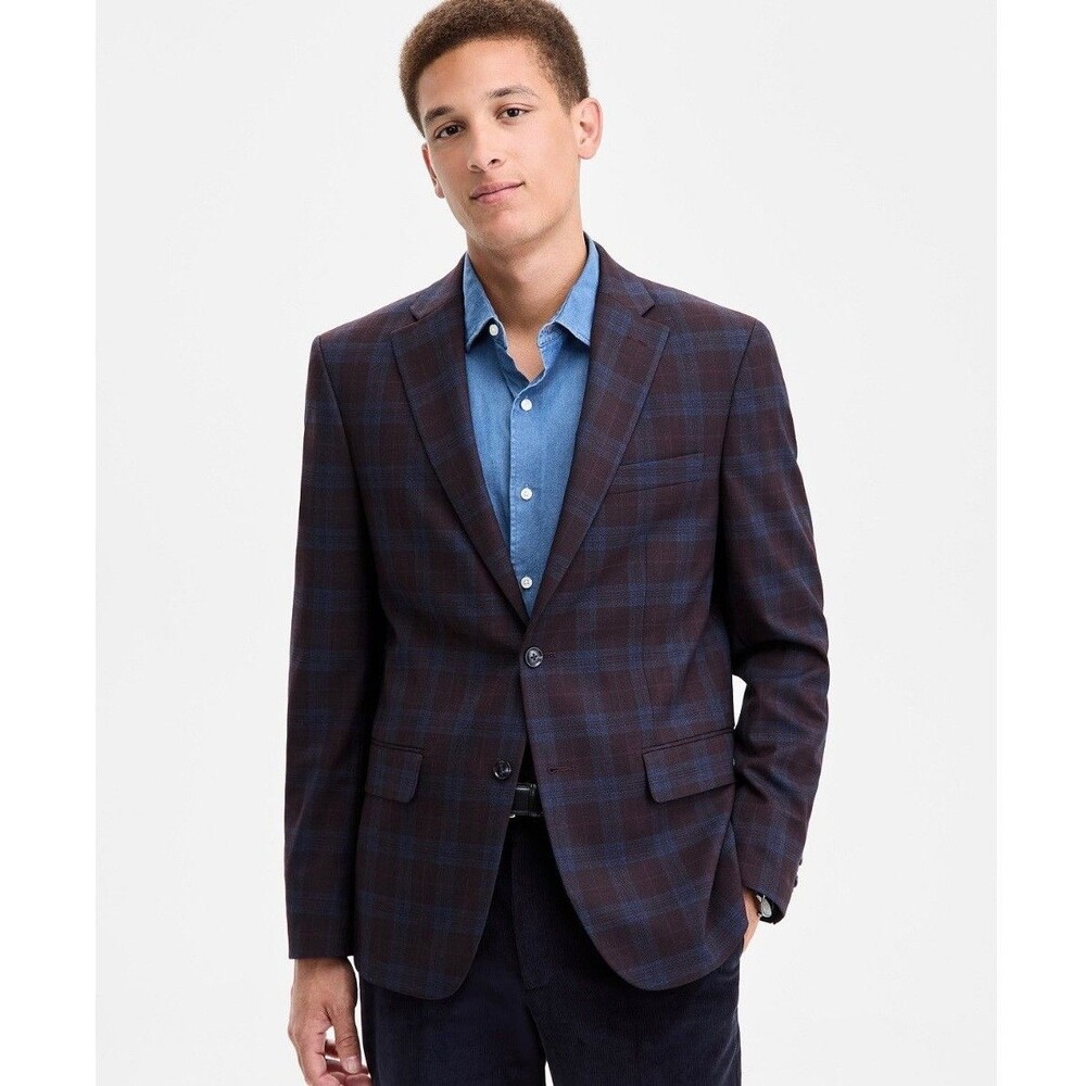 $295 NEW TOMMY HILFIGER MENS 40L WINE/BLUE PLAID BLAZER SPORT COAT SUIT JACKET